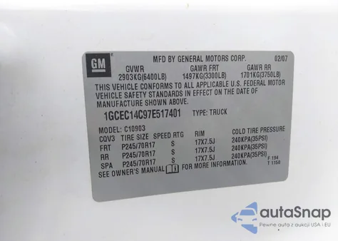 2007 Chevrolet Silverado 1500 Work Truck from USA, damaged, VIN 1GCEC14C97E517401